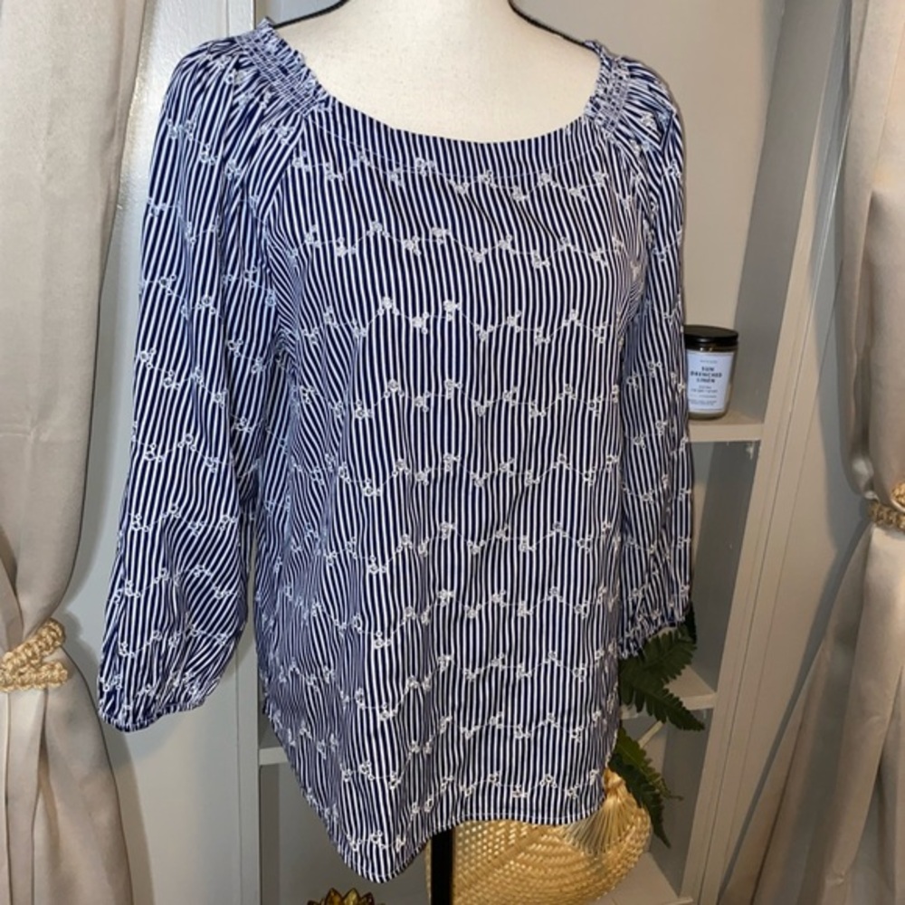 Navy & White Striped Peasant Blouse - Women's Top